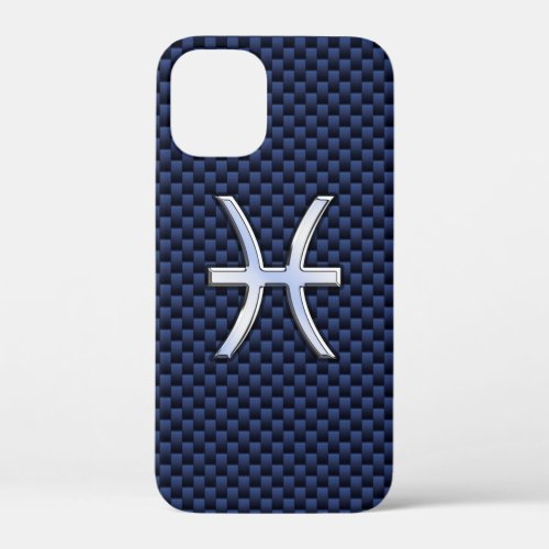 Silver Pisces Zodiac Symbol on Blue Carbon iPhone 12 Mini Case