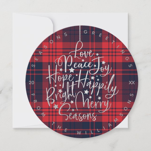 Silver & Plaid Greetings Typography Ornament Photo Holiday Card (Front)