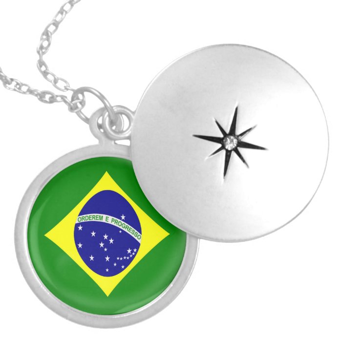 Silver plate Locket +18" chain Brazil flag