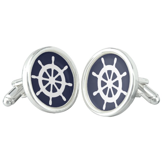 Silver plated cuff links with nautical ship wheel (Angled)