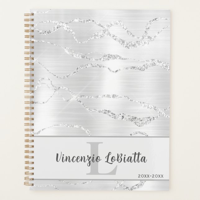 Silver Platinum Stainless Marble Glitter Art Decor Planner (Front)