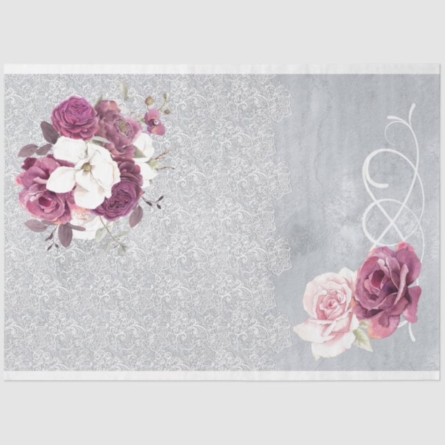 Silver & Plum Floral Lace Tissue Paper (Front)