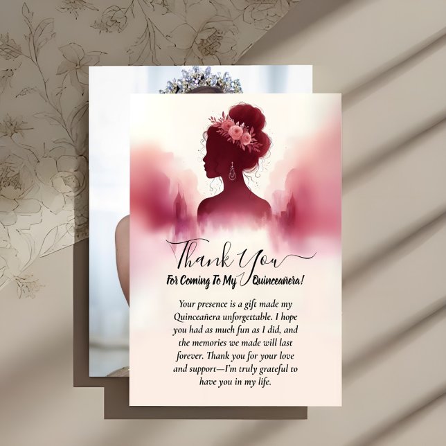 Silver Plum Lace Gown Boho Burgundy Quinceanera Thank You Card (Creator Uploaded)