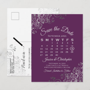 Silver Plum Purple Wedding Save the Date Calendar Announcement Postcard