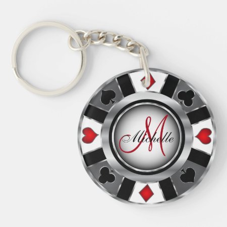 Silver Poker Chip Design - Monogram Keychain