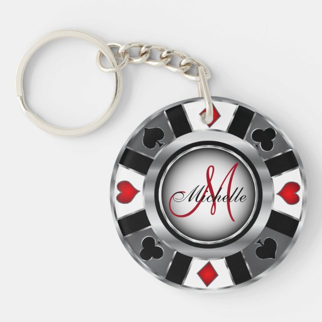 Silver Poker Chip Design - Monogram Keychain (Front)