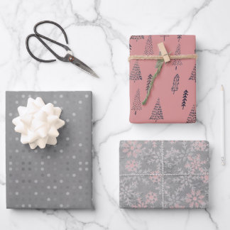 Silver Polka Dot Silver Christmas Trees Snowflakes Wrapping Paper Sheets