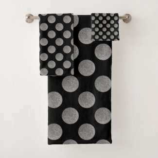 Silver polka dots, glitter retro pattern at black bath towel set