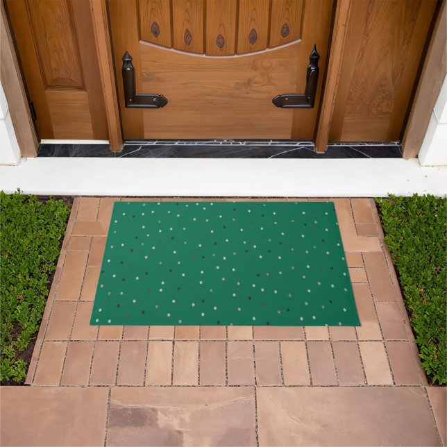 Silver Polka Dots on Green Doormat (Outdoor)