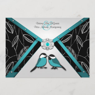 Silver & Pool Blue Love Birds Wedding Invitations