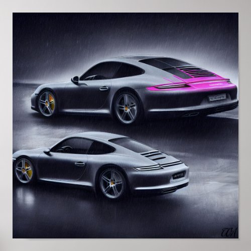 Silver Porsche Car on a Rainy Night Poster
