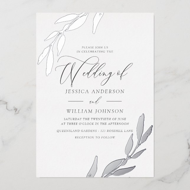 Silver Pressed Foil Leaf Supremely Elegant Wedding Foil Invitation (Front)