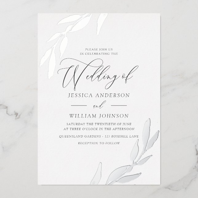 Silver Pressed Foil Leaf Supremely Elegant Wedding Invitation (Front)
