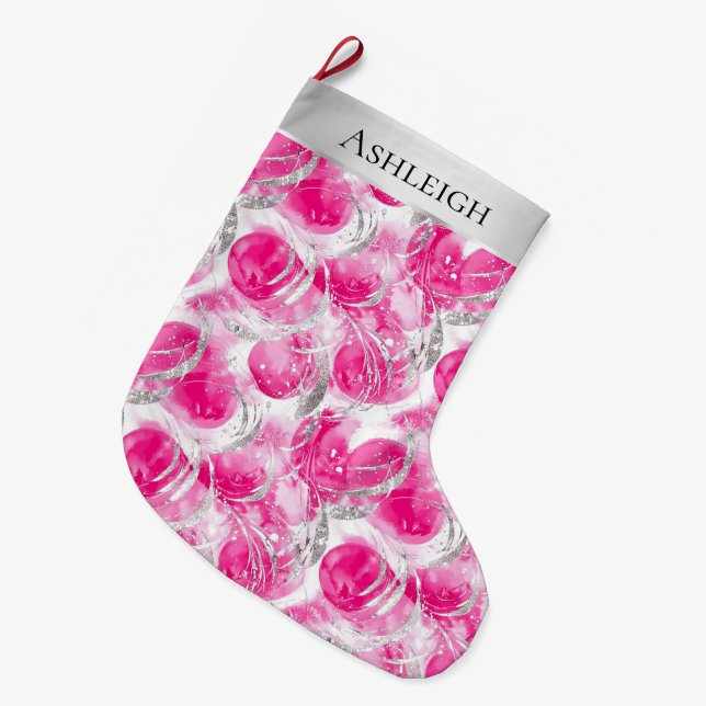 Silver Pretty Chic Pink Glam Christmas  Large Christmas Stocking (Front (Hanging))