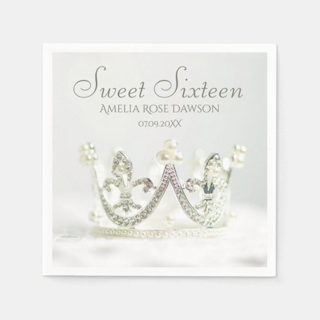 Silver Princess Crown Sweet Sixteen Party Decor Napkins (Front)