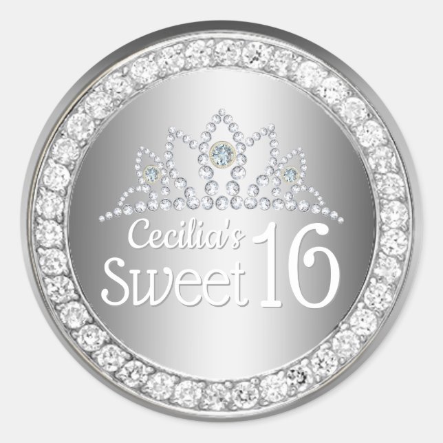 Silver Princess Diamond Tiara Sweet 16 Classic Round Sticker (Front)