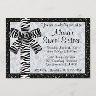 Silver Printed Glitter Invite With Zebra Print Bow