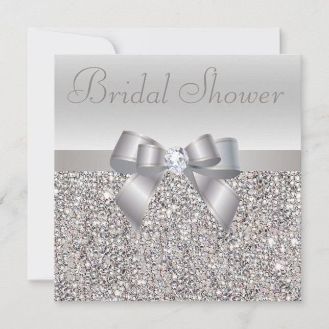 Silver Printed Sequins Bow & Diamond Bridal Shower Invitation (Front)
