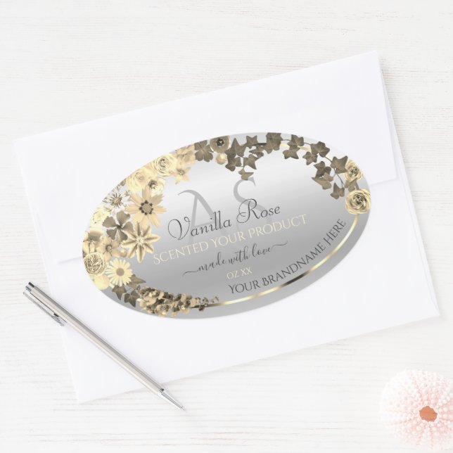 Silver Product Labels Sepia Flowers with Monogram (Envelope)