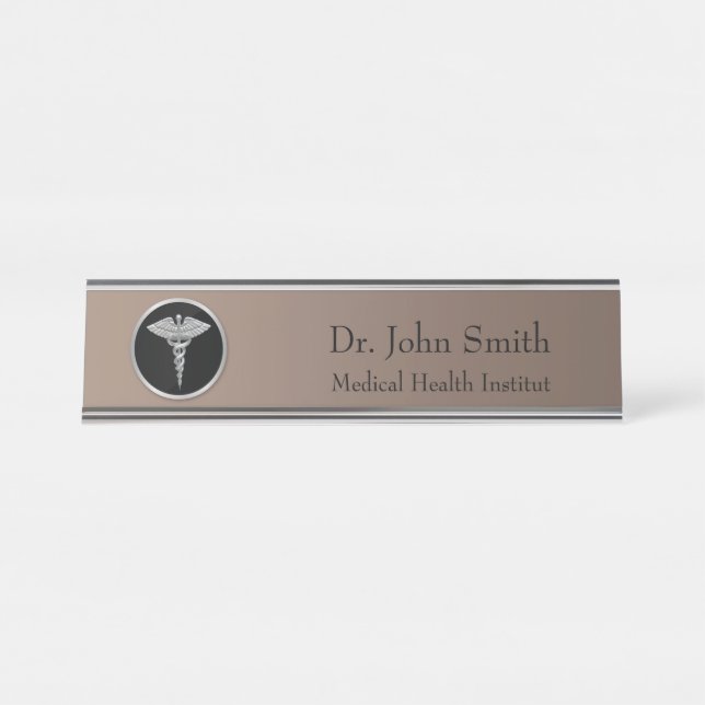 Silver Profession Medical Caduceus Desk Name Plate (Front)