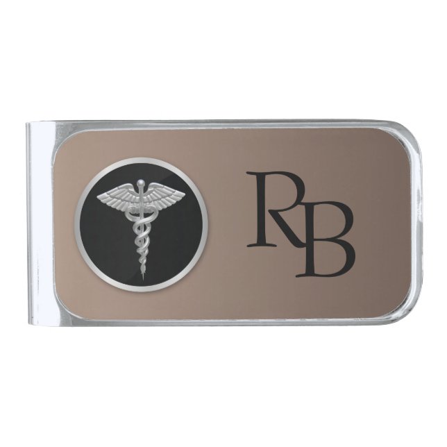 Silver Professional Medical Caduceus Monogram Silver Finish Money Clip (Front)