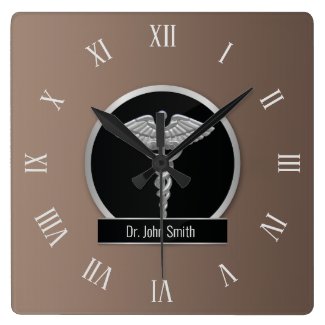 Silver Professional Medical Caduceus Square Wall Clock