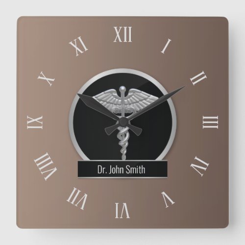 Silver Professional Medical Caduceus Square Wall Clock