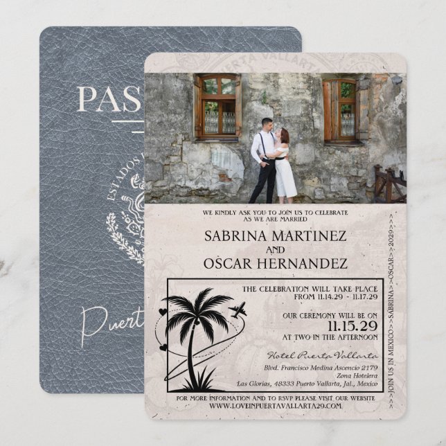 Silver Puerta Vallarta Passport Wedding Invitation (Front/Back)