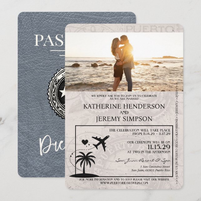 Silver Puerto Rico Passport Wedding Invitation (Front/Back)
