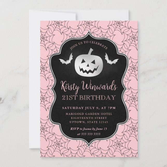 Silver Pumpkin and Pink Cobwebs 21st Birthday Invitation (Front)