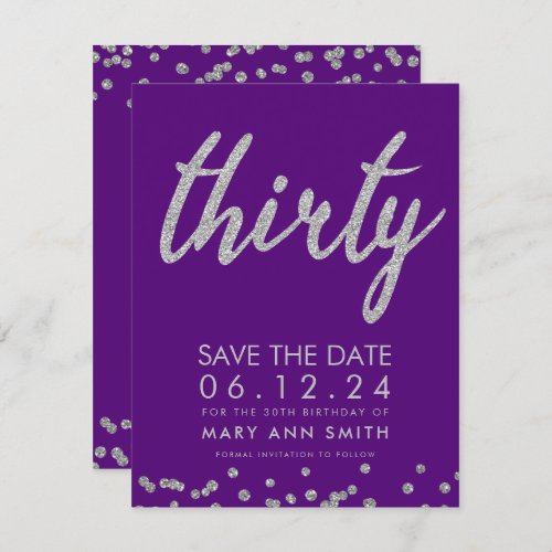 Silver Purple 30th Birthday Save Date Confetti Invitation