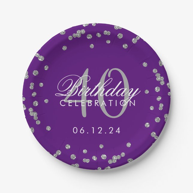 Silver Purple 40th Birthday Glitter Confetti Paper Plates (Front)