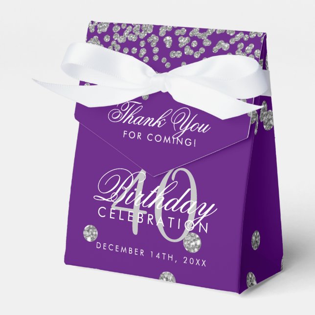 Silver Purple 40th Birthday Thank You Confetti Favor Boxes (Front Side)
