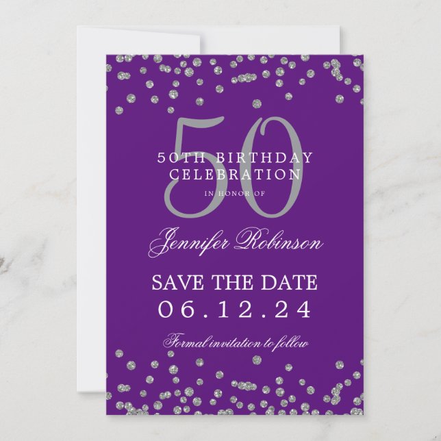 Silver Purple 50 Birthday Save Date Confetti Invitation (Front)