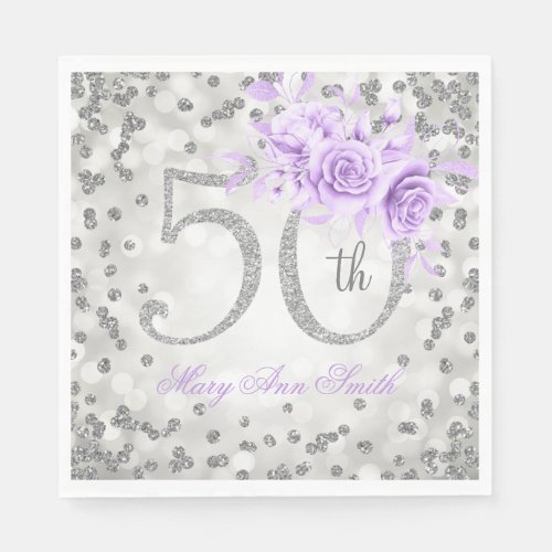 Silver Purple 50th Birthday Floral Glam Lights  Napkins