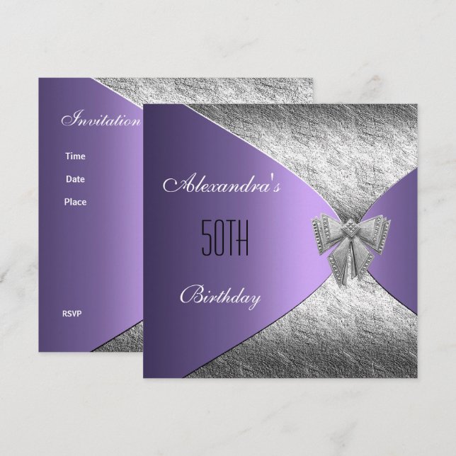 Silver Purple 50th Birthday Invitation Floral (Front/Back)