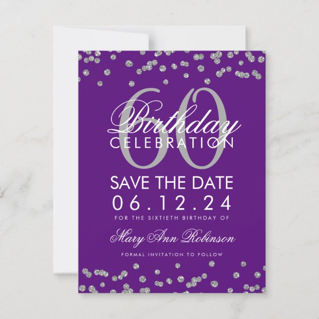 Silver Purple 60th Birthday Save Date Confetti Save The Date (Front)