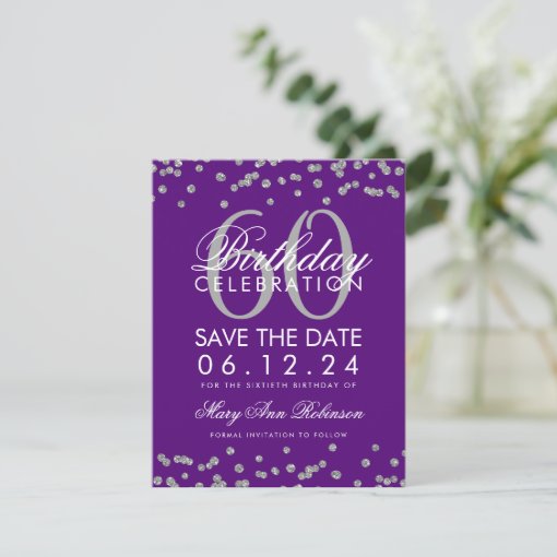 Silver Purple 60th Birthday Save Date Confetti Save The Date | Zazzle