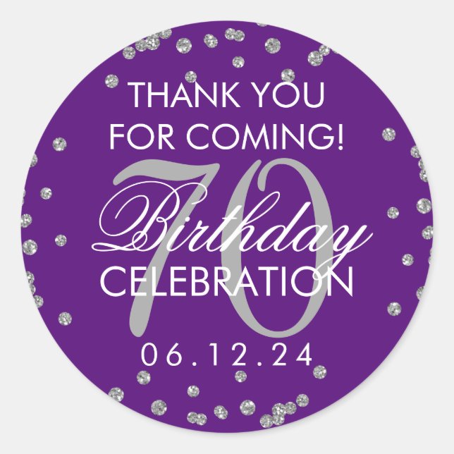 Silver Purple 70th Birthday Thank You Confetti Classic Round Sticker (Front)