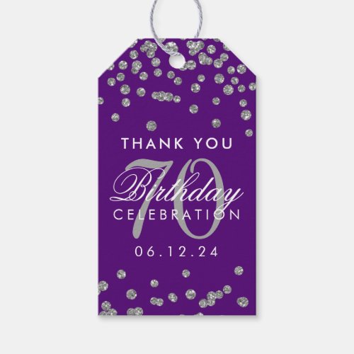 Silver Purple 70th Birthday Thank You Confetti Gift Tags