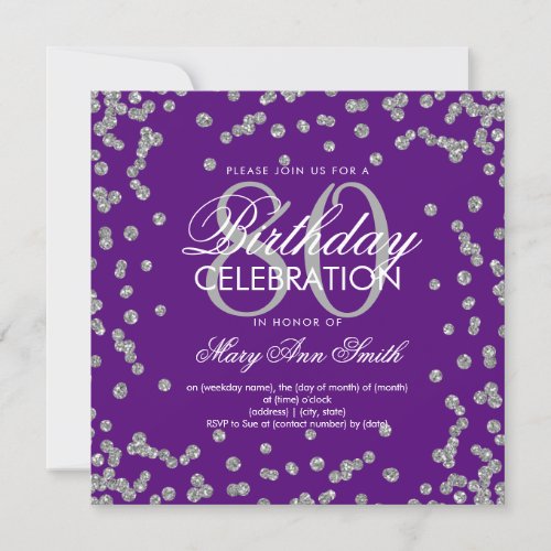 Silver Purple 80th Birthday Glitter Confetti Invitation