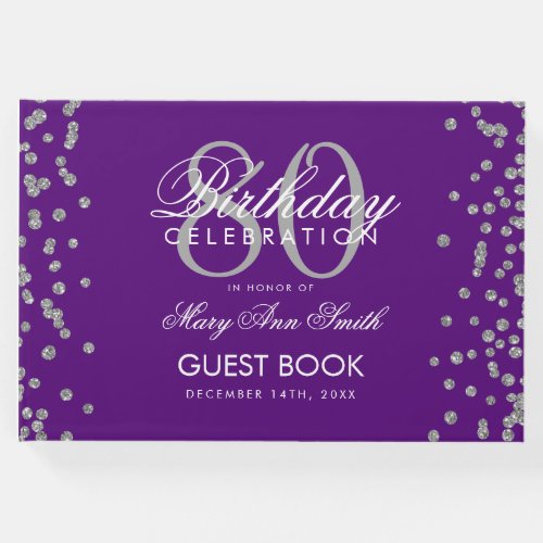 Silver Purple 80th Birthday Party Glitter Confetti Guest Book