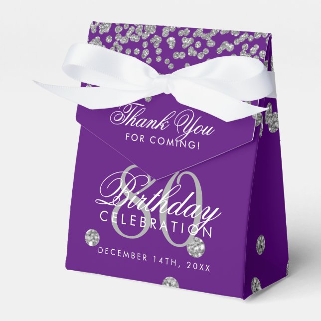 Silver Purple 80th Birthday Thank You Confetti Favor Boxes (Front Side)