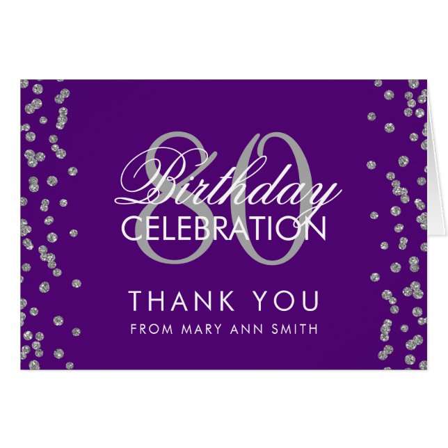 Silver Purple 80th Birthday Thank you Glitter (Front Horizontal)