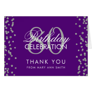 Silver Purple 80th Birthday Thank you Glitter Cards
