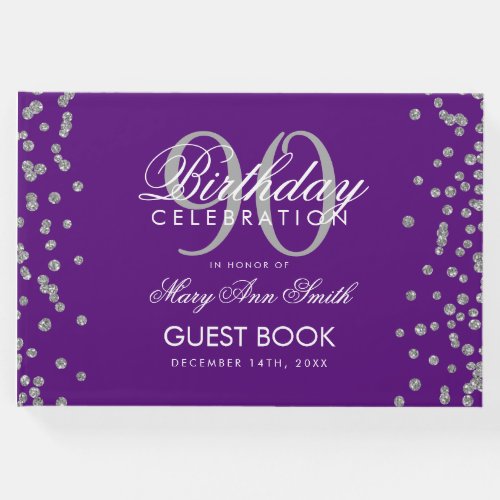 Silver Purple 90th Birthday Glitter Confetti Guest Book