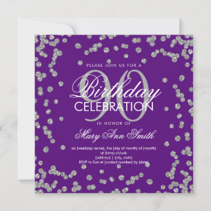 Silver Purple 90th Birthday Glitter Confetti Invitation