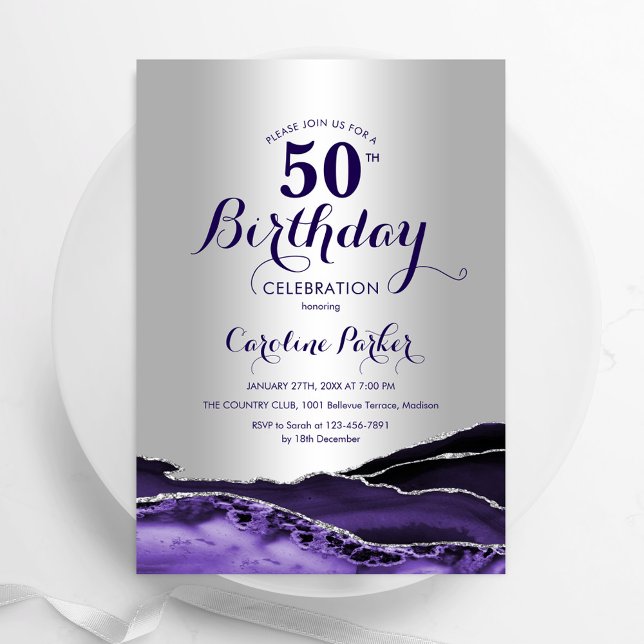 Silver Purple Agate 50th Birthday Invitation (Creator Uploaded)