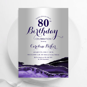 Silver Purple Agate 80th Birthday Invitation