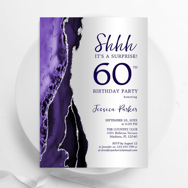 Silver Purple Agate Surprise 60th Birthday Invitation (Creator Uploaded)
